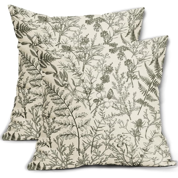 Olive Green Floral Pillow Covers 20x20 Set of 2 Botanical Print Vintage Spring Flower Plant Cream Decorative Throw Pillow Cases Outdoor Farmhouse Cushion Covers Decor for Sofa Couch Bed