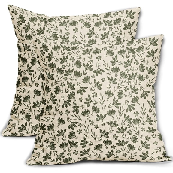 Olive Green Floral Pillow Covers 20x20 Set of 2 Vintage Rustic Old Style Cute Small Flower Green Cream Print Decorative Outdoor Pillowcases Farmhouse Throw Cushion Case Decor for Couch Sofa Bed