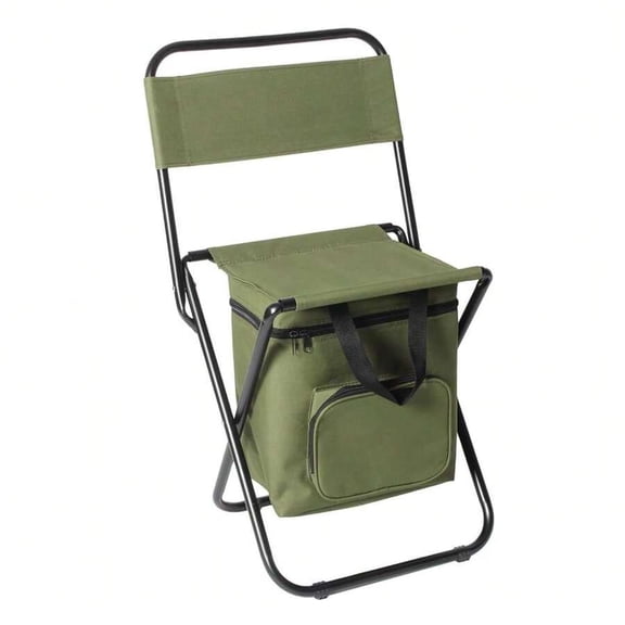 Olive Green Folding Camping Chair With Integrated Cooler Bag Portable Fishing Stool