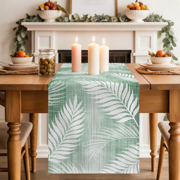 Olive Green Fronds Dining Table Runner, Rustic Sage Leaf Plant Linen Texture Farmhouse Botanical Washable Table Runners Kitchen Coffee Table Center Decor for Home Party Holiday Wedding 13x120 Inches
