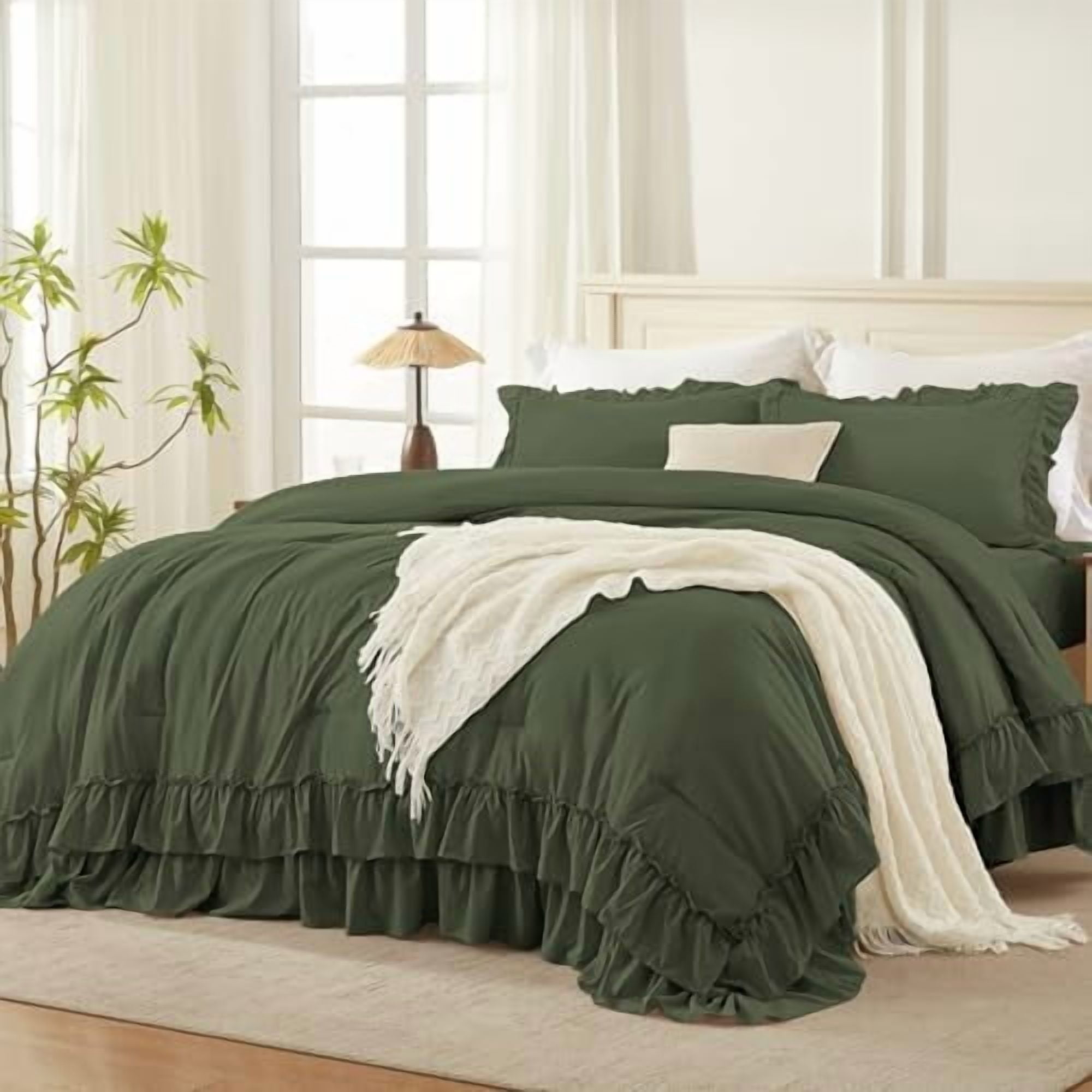 Olive Green Full Size Comforter Set (79x90Inch), 3 Pieces Fluffy Shabby ...