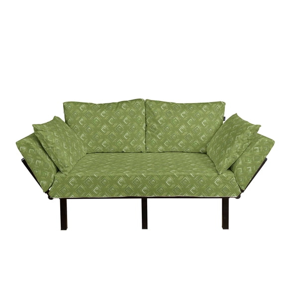 Olive Green Futon Couch, Grunge Geometric Pattern Square Shape Diagonal Abstract Rhombus, Daybed with Metal Frame Upholstered Sofa for Living Dorm, Loveseat, Olive Green Coconut, by Ambesonne
