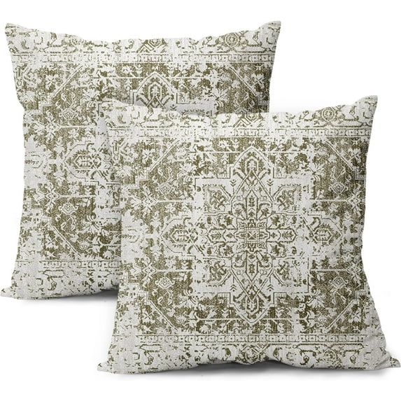 Olive Green Gray Ethnic Boho Throw Pillow Covers 20X20 Inch Set of 2 Bohemian Carpet Pattern Vintage Pillow Cases Grey Floral Pillow Cover Farmhouse Home Decor for Sofa Couch Porch Outdoor