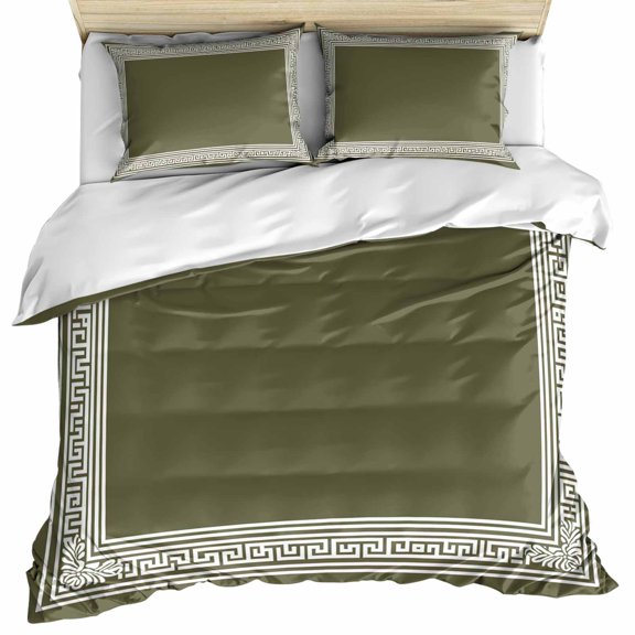Olive Green Greek Key Bedding 3 Piece Duvet Cover Set Full Size, Geometric Greece Ancient Farmhouse Geo Soft Microfiber Comforter Cover with Zipper Closure & Pillowcases, FadeResistant Quilt Cover