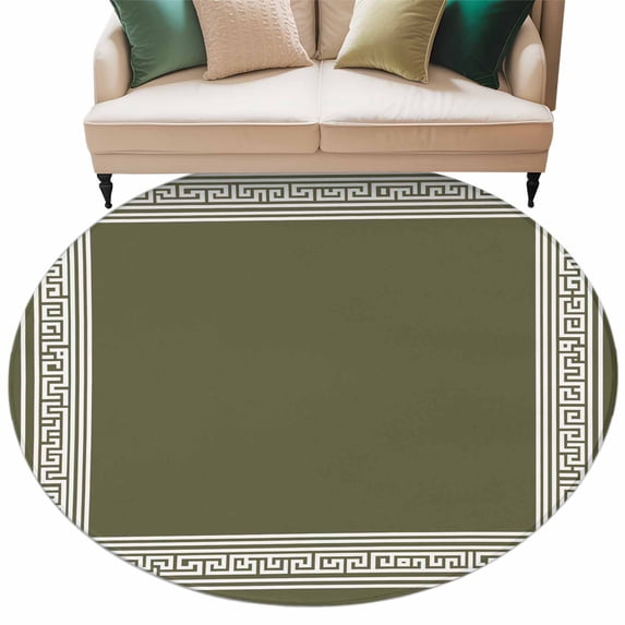 Olive Green Greek Key Large Area Rugs for Bedroom Living Room, Soft Non Slip Carpet Bedside Rug, Geometric Greece Ancient Farmhouse Geo Round Floor Cover Kitchen Accent Rug 5' for Dining Room/Office