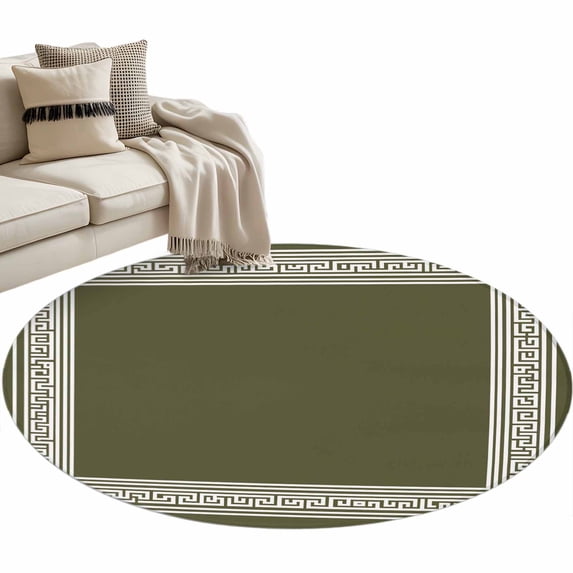 Olive Green Greek Key Large Area Rugs for Bedroom Living Room, Soft Non Slip Carpet Bedside Rug, Geometric Greece Ancient Farmhouse Geo Round Floor Cover Kitchen Accent Rug 4' for Dining Room/Office