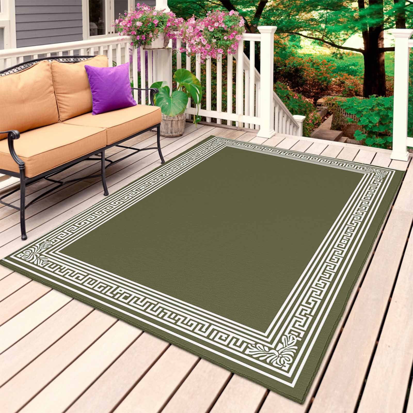 Olive Green Greek Key Outdoor Rug for Patio/Deck/Porch, Non-Slip Large Area Rug 5 x 8 Ft, Geometric Greece Ancient Farmhouse Geo Indoor Outdoor Rugs Washable Area Rugs, Camping Rug Carpet Runner