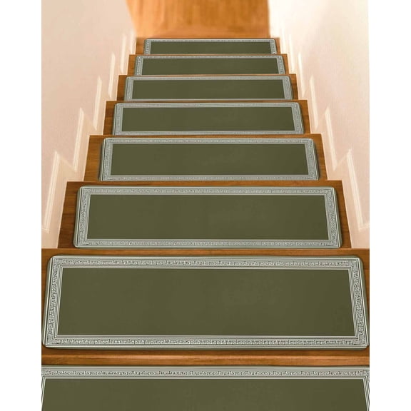 Olive Green Greek Key Stair Treads for Wooden Steps Indoor Runner Rug Carpet,Geometric Greece Ancient Farmhouse Geo 10 Pieces Peel and Stick Staircase Step Treads Covers Throw Door Mats,30"x8"