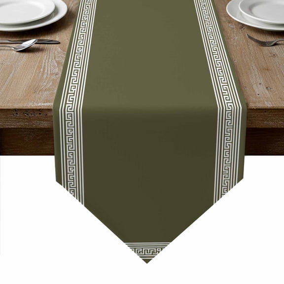 Olive Green Greek Key Table Runner Linen Burlap Table Runner 36 Inches Small Geometric Greece Ancient Farmhouse Geo Dresser Scarves for Kitchen Island Coffee Party Holiday Decoration 13"x36"