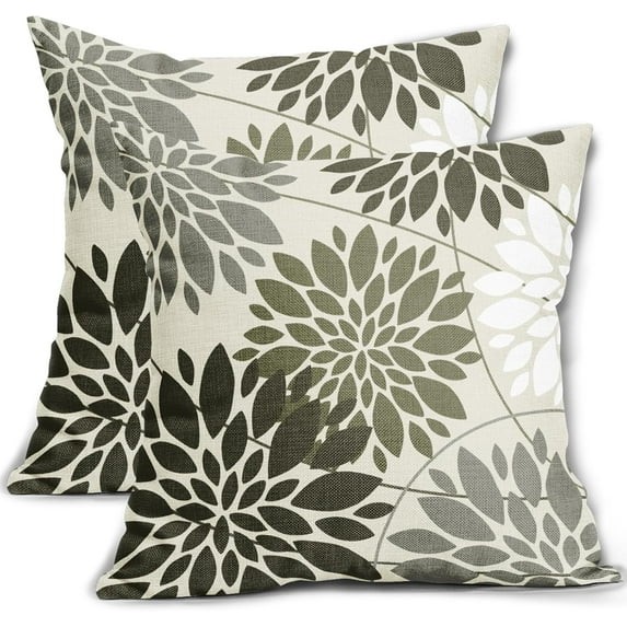 Olive Green Grey Flower Pillow Covers 16x16 Inch Set of 2, Gray White Dahlia Floral Line Pattern Decorative Throw Pillowcases Outdoor Farmhouse Cushion Covers Summer Holiday Sofa Couch Bed Decor