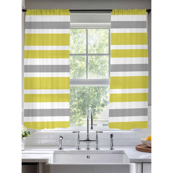 Olive Green Grey White Striped Chiffon Sheer Curtains 72 Inches Long Simplistic Line Rod Pocket Window Curtains Voile Drapes Curtains for Living Room Bedroom,2 Panels