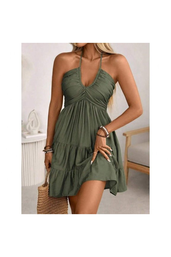 Olive Green Halter Neck Ruched Bust Tiered A-Line Mini Dress