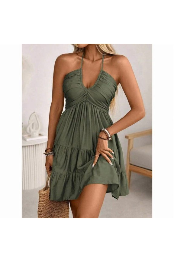 Olive Green Halter Neck Ruched Bust Tiered A-Line Mini Dress