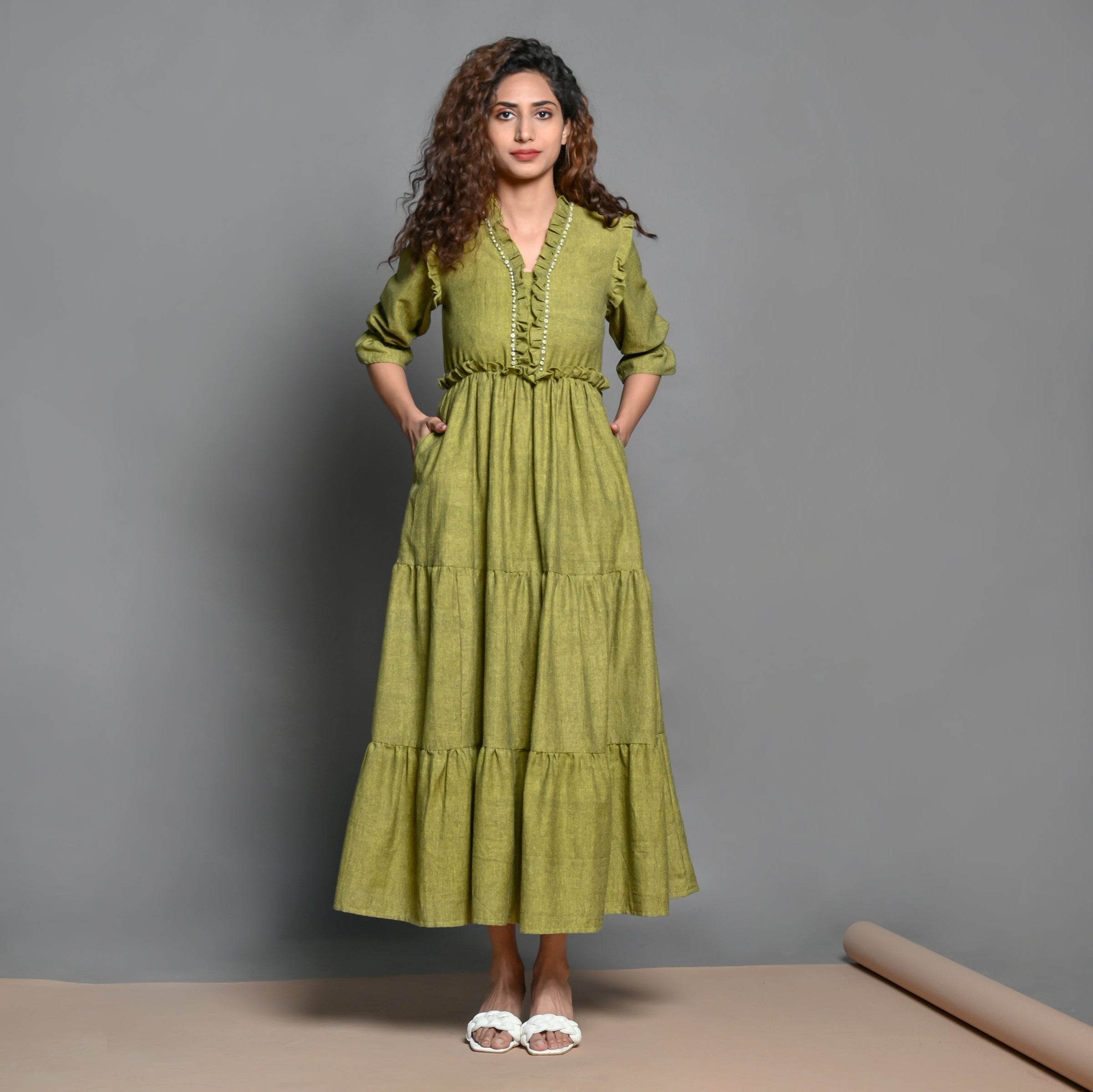 Green Leaves Printed Maxi Boho Dress