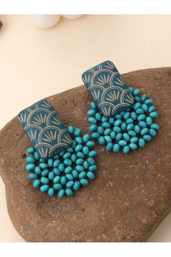 Olive Green Handmade Wooden Beaded Stud Earrings With Carved Fan Pattern For Daily Wear