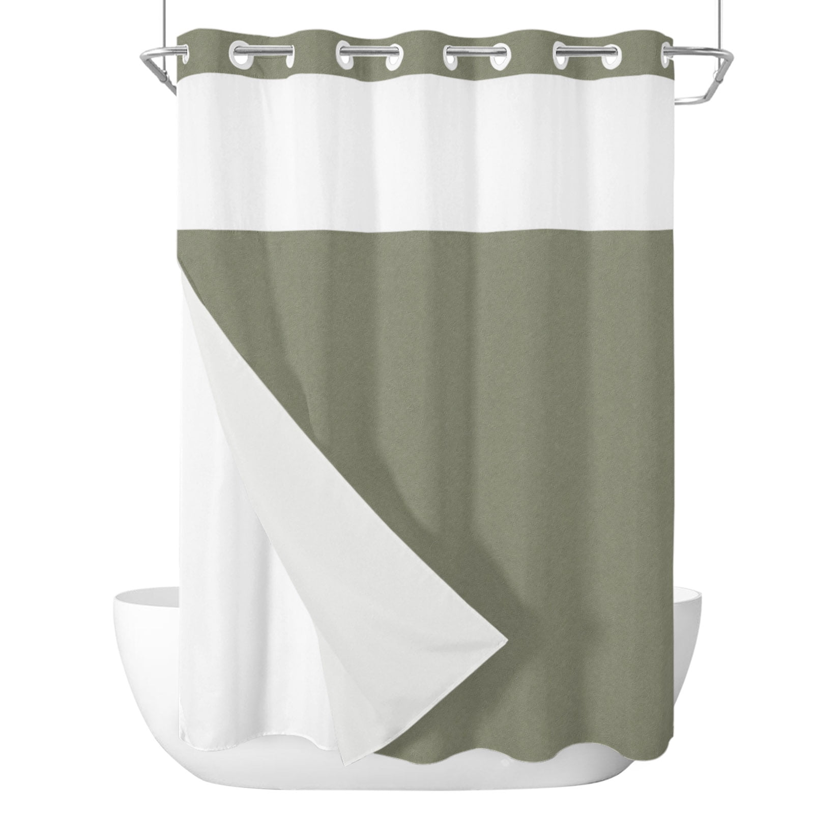 Olive Green No Hook Shower Curtain and Liner Set Boho Gray Sage Green