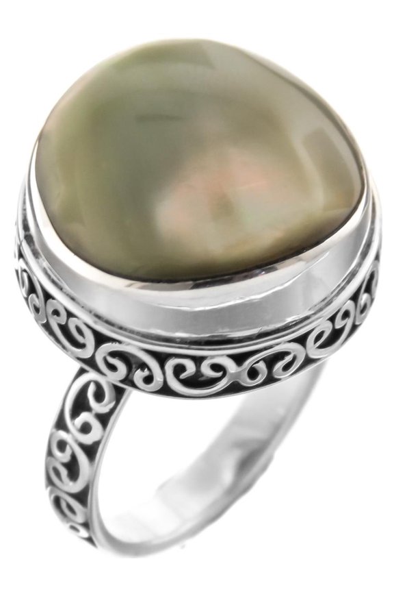 Olive Green Iridescent Round Shell 925 Sterling Silver Ring