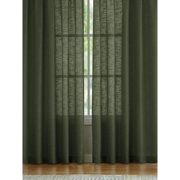 Olive Green Japanese-Style Sheer Linen-Like Cross-Striped Curtain Panel For Bedroom Living Room