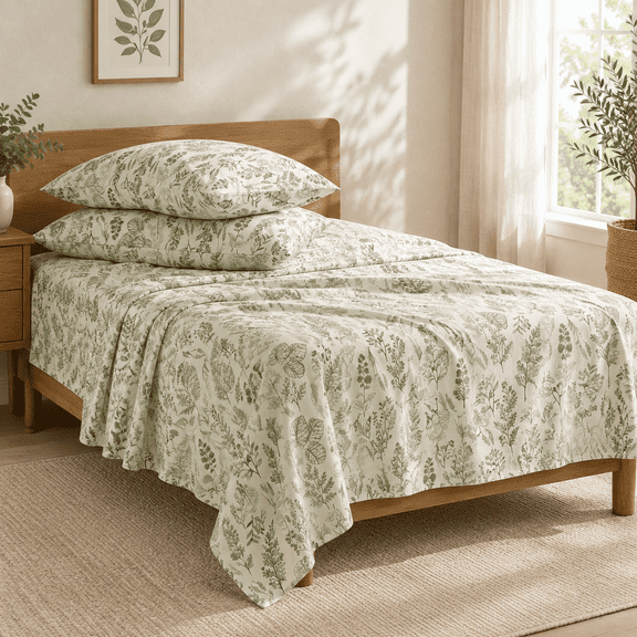 Olive Green King Size 4-Piece Botanical Leaf Print Sheet Set