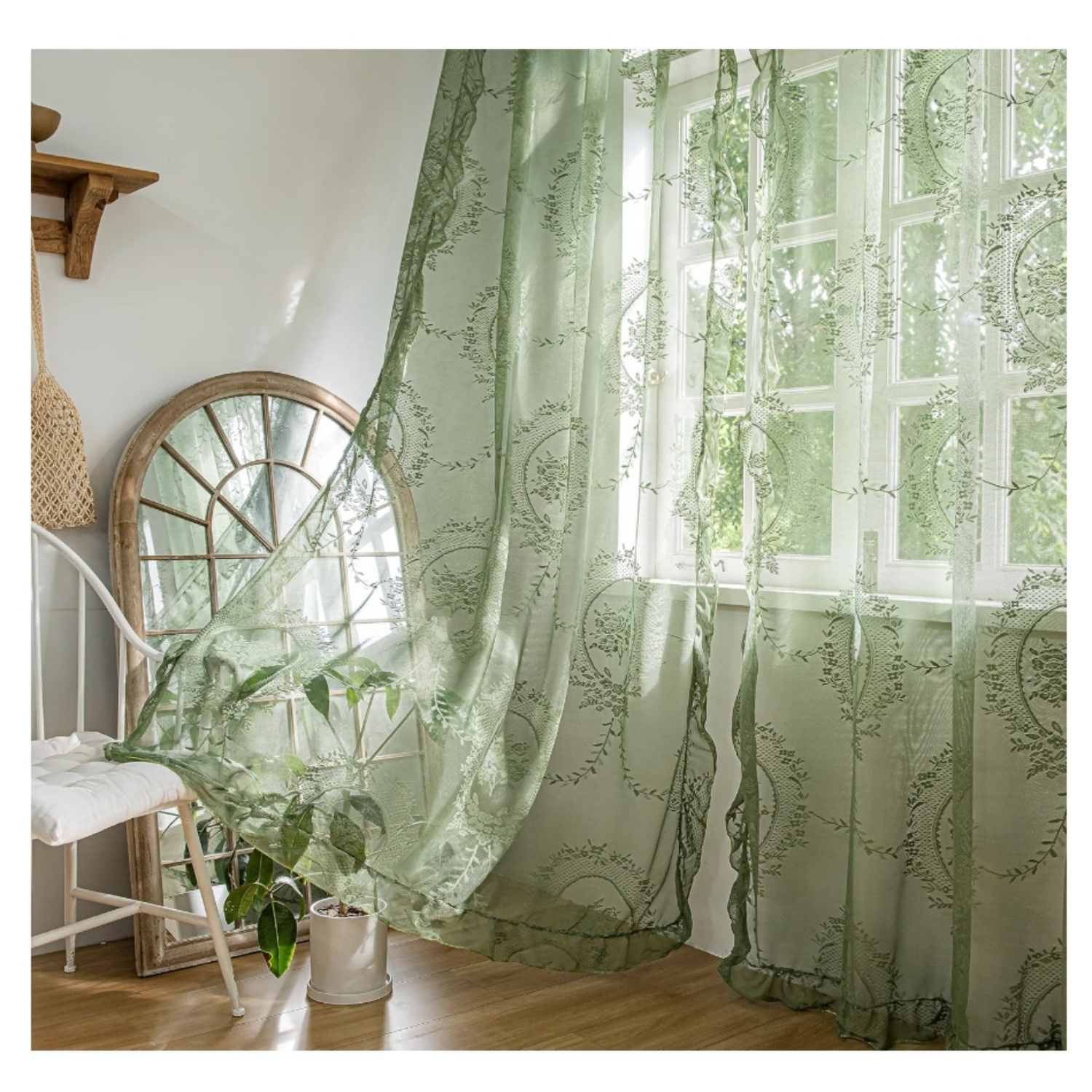 Olive Green Lace Curtains 84 Inches Long 2 Set, Sheer Panels Rose Floral Embroidery Ruffled Vintage Window Treatment Pair for Nursery Bedroom Living Room,