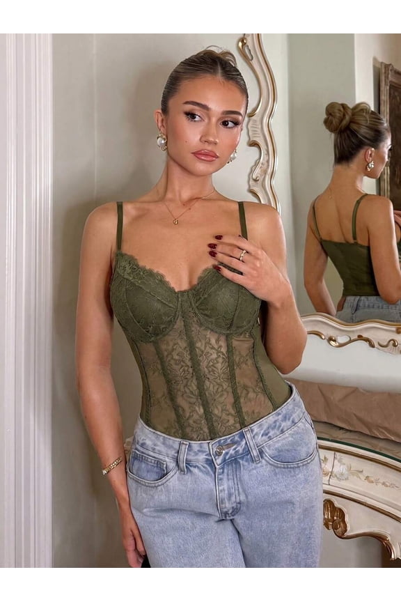 Olive Green Lace Mesh Underwire Structured Bodysuit With Spaghetti Straps