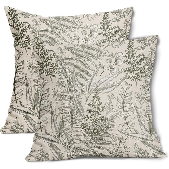 Olive Green Leaf Plant Pillow Covers 18X18 Inch Herbs Botanical Fern Vintage Leaves Floral Decorative Pillow Cases Set of 2 Cotton Linen Throw Pillows Farmhouse Home Decor For Sofa Couch Outdoor