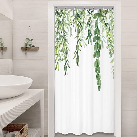 Olive Green Leaves Stall Shower Curtain 35Wx72H Inch Small Walkin Watercolor Eucalyptus Botanical Plants Earthy Spring Modern Fabric Waterproof Home Bathtub Decor 7 Pack Plastic Hooks