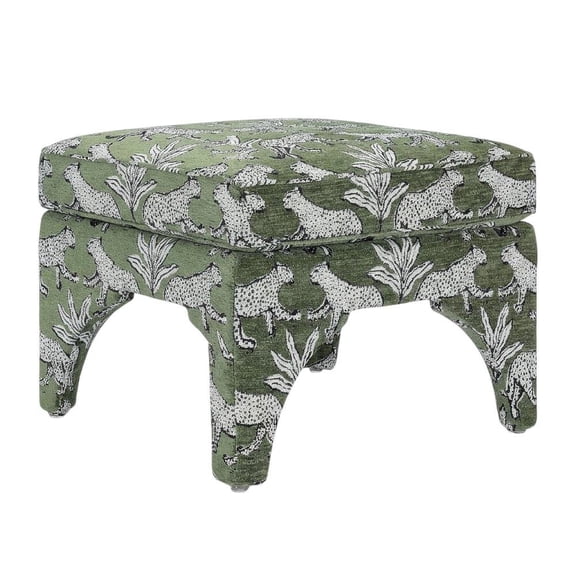 Olive Green Leopard Jacquard Ottoman, Bold Patterned Statement Seat