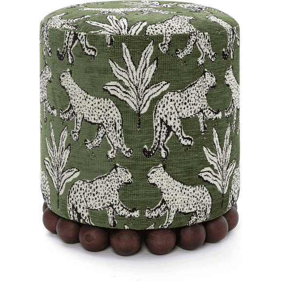 Olive Green Leopard Jacquard Ottoman, Decorative Accent Stool for Living Room Bedroom Entryway Seating
