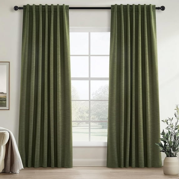Olive Green Linen Blackout Curtains 84 Inch Long for Living Room,Pinch Pleated Drape with Hooks Back Tab Boho Decor, Olive Forest Loden Full Black Out Curtains for Bedroom