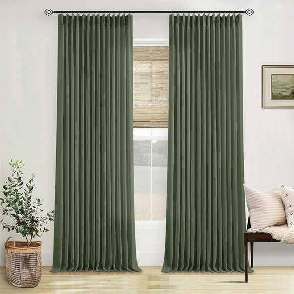 Olive Green Linen Pinch Pleated Curtains 84 Inches Long 2 Panels for Living Room Bedroom Linen Pleated Hooks Rings Back Tab Light Filtering Loden Moss Green Farmhouse Drapes 84 Inch Length