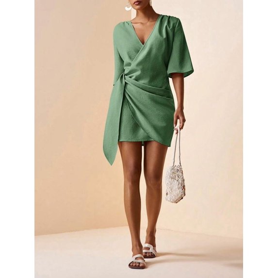 Olive Green Linen V-Neck Wrap Mini Dress With Side Tie, Casual Summer Style