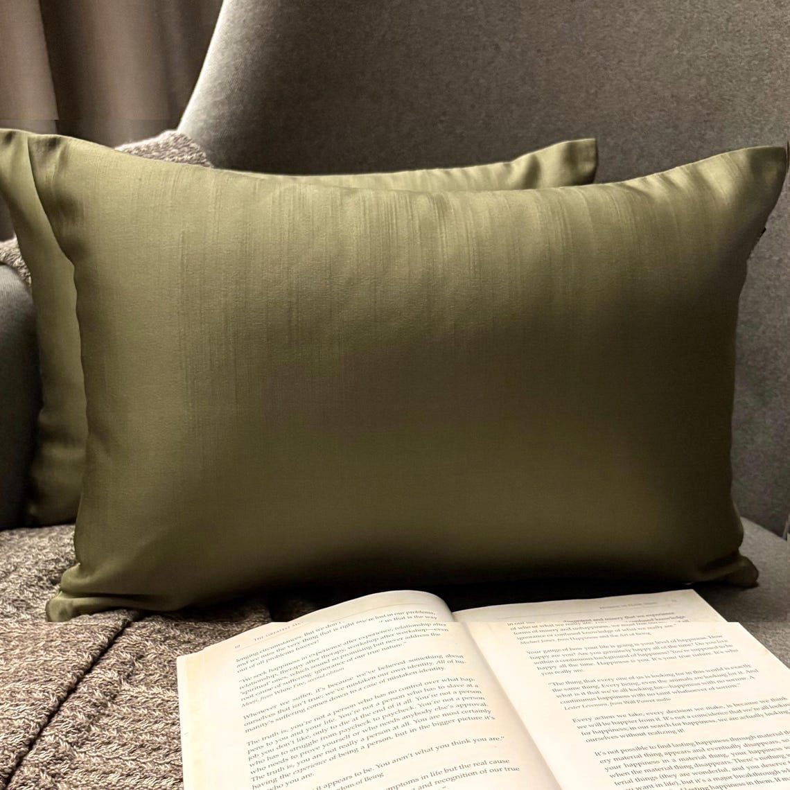 Olive Green Luxury Lumbar Pillow Cover 12"x16" | Pack of 2 Modern Satin Oblong Pillow Cover Solid | Plain Solid Pillowcases for Bed, Couch & Sofa, Modern Home Décor - Dark Green Olive Slub Satin