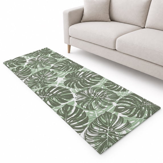 Olive Green Monstera Runner Rug 2'x6', Summer Botanical Tropical Plant ...