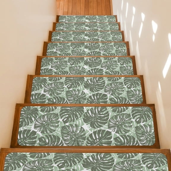 Olive Green Monstera Stair Treads Non Slip for Steps Summer Botanical Tropical Plant Rustic 7 Pcs Reusable Adhesive Stair Runner Mats for Dogs Elders Carpet Treads Rugs for Staircase 8x30 In