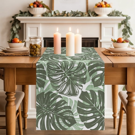 Olive Green Monstera Table Runner 13x72 Inch Summer Botanical Tropical Plant Rustic Cotton Linen Dining Table Runner Ideal for Dresser Kitchen Coffee Tables - Machine Washable