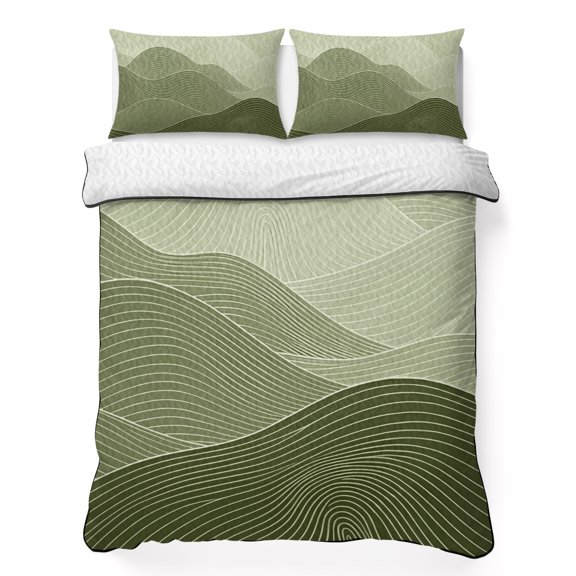 Olive Green Mountain Ridges 3 Piece Quilt Bedding Set with 2 Pillow Shams, Green Ombre Line Mountains Abstract Lightweight Bedspread Coverlet, Soft Breathable All Season Quilt, 96 x 106 Inch