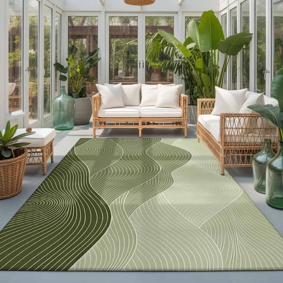 Olive Green Mountain Ridges 9'x12' Large Area Rugs Green Ombre Line Mountains Abstract Washable Area Rugs Non-Slip Indoor Floor Mats Large Carpet for Living Room Bedroom Dining Room