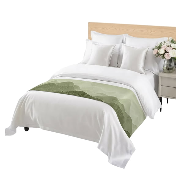 Olive Green Mountain Ridges Bed Runner for Bedroom, Green Ombre Line Mountains Abstract Decorative Satin Bed Runners & Scarves for Foot of Twin Beds Bedding Throws for Hotel Guest Room 71" x 20"