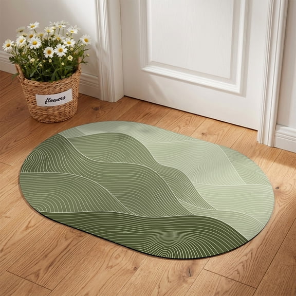 Olive Green Mountain Ridges Oval Diatomaceous Earth Doormat, 16"x24" Green Ombre Line Mountains Abstract Absorbent Quick Dry Irregular Door Mat Floor Mat Entryway Rug for Bathroom Kitchen