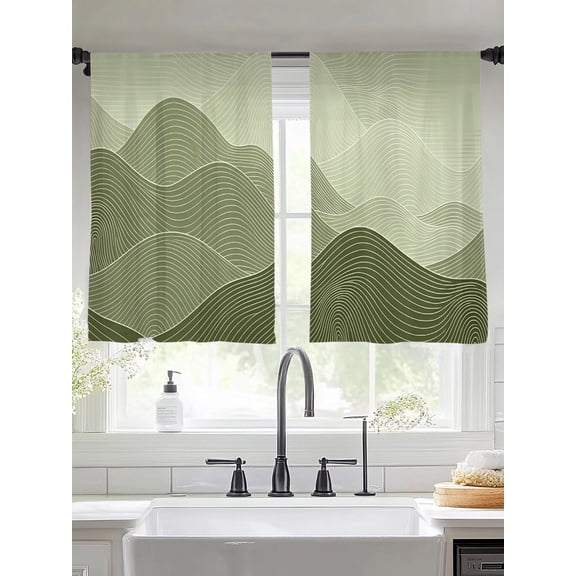 Olive Green Mountain Ridges Sheer Curtains 45 inches Long, Green Ombre Line Mountains Abstract Light Filtering Sheer Window Curtains Rod Pocket Voile Drapes for Bedroom Living Room, 2 Panels