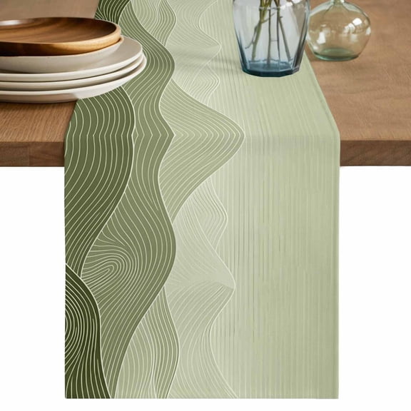 Olive Green Mountain Ridges Table Runner, Green Ombre Line Mountains Abstract Cotton Linen Table Cloth, Tablerunner for Kitchen Dining Party Wedding Home Decor 13x36 Inch