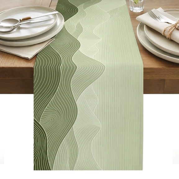 Olive Green Mountain Ridges Table Runner, Green Ombre Line Mountains Abstract Washable Kitchen Table Runners Dress Scarves for Dining Table Decorations Party/Restaurant/Indoor Outdoor Use, 13x36in
