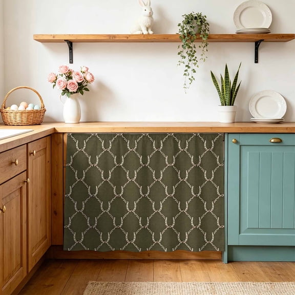Olive Green Ogee Curves Cabinet Curtains 10" W x 11" L, Vintage Minimalist Interlocking Lines Under-Desk Privacy Dust Proof Drape Dishwasher Curtain Sink Skirt for Kitchen Closet Bathroom Laundry