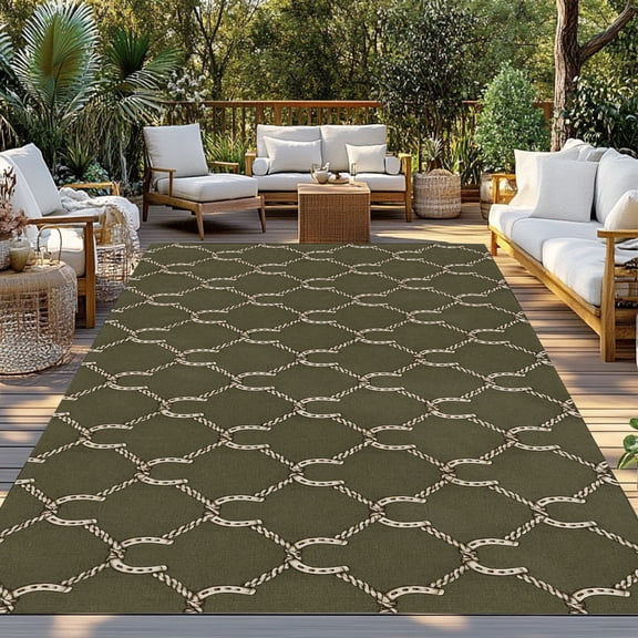 Olive Green Ogee Curves Indoor Outdoor Rugs 4x6 Ft, Vintage Minimalist Interlocking Lines Outdoor Patio Rugs Mat Washable Outside Area Rugs Carpet for Porch Deck RV Camping Pool Balcony Backyard
