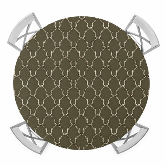 Olive Green Ogee Curves Round Table Cover, Vintage Minimalist Interlocking Lines Waterproof Fitted Tablecloths for 36"-44" Tables, Washable Picnic Table Cover for Camping Dining Indoor Outdoor