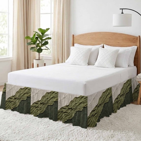 Olive Green Ombre Bed Skirt California King Size 16 Inch Drop, Beige Green Fabric Texture Gypsum Style Abstract Adjustable Elastic Dust Ruffles Bedskirt Wrap Around Pleated Mattress Frame Cover