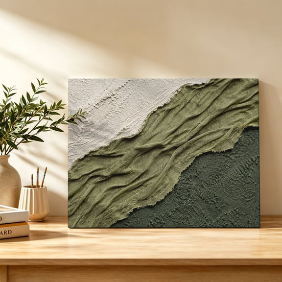 Olive Green Ombre Canvas Wall Art, Beige Green Fabric Texture Gypsum Style Abstract Wall Art Prints Artwork Framed Canvas Ready to Hang Art Pictures for Bedroom Living Room Closet Kitchen 16" x 12"