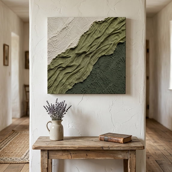 Olive Green Ombre Canvas Wall Art for Living Room Bedroom Bathroom, Beige Green Fabric Texture Gypsum Style Abstract Canvas Art Wall Decor, Artwork for Walls Home Office Decor, 8"x8"
