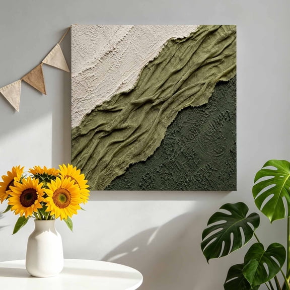 Olive Green Ombre Canvas Wall Art for Living Room, Beige Green Fabric Texture Gypsum Style Abstract Poster Print Painting for Bedroom Office Home Decoration Wall Pictures Prepare To Hang 8"x8"